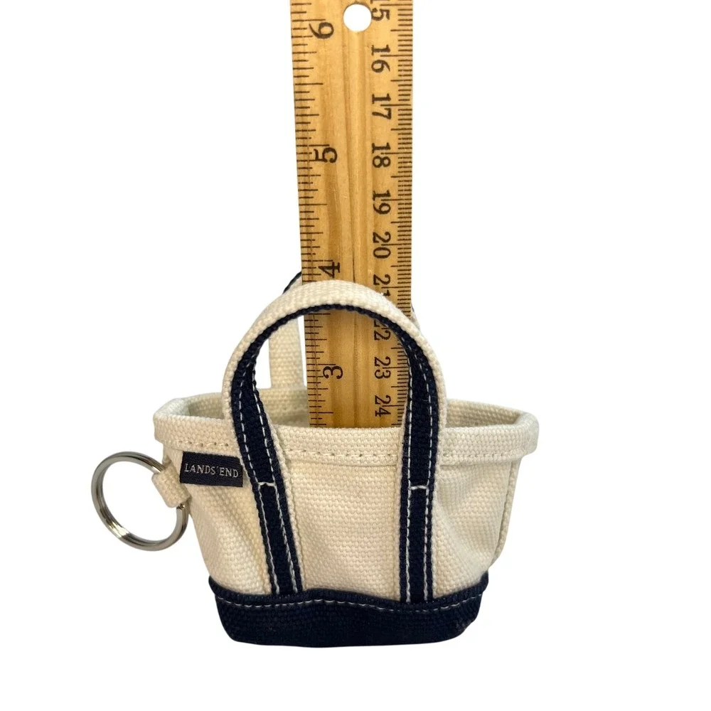 Lands End Mini Canvas Tote Bag Keychain Cream Navy Blue Boat and Tote Accessory
